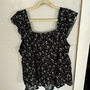 Tank top with ruffle sleeves, XL, black with white and purple flowers. SHEIN